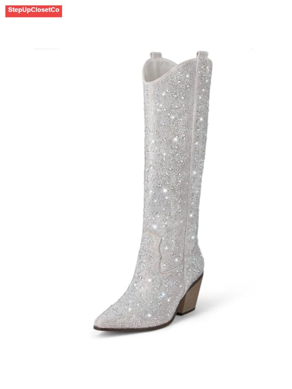 Rhinestone Mid Calf Western Boots Sparkly Block Heel Glitter Cowboy Boots